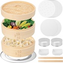 Bamboo Steamer Basket, 10 Inch, 2 Tier with Lid, Dumpling Steamer with Paper & Silicone Liners, Cutter, Adapter, Sauce Dish, Chopsticks, for Asian Food