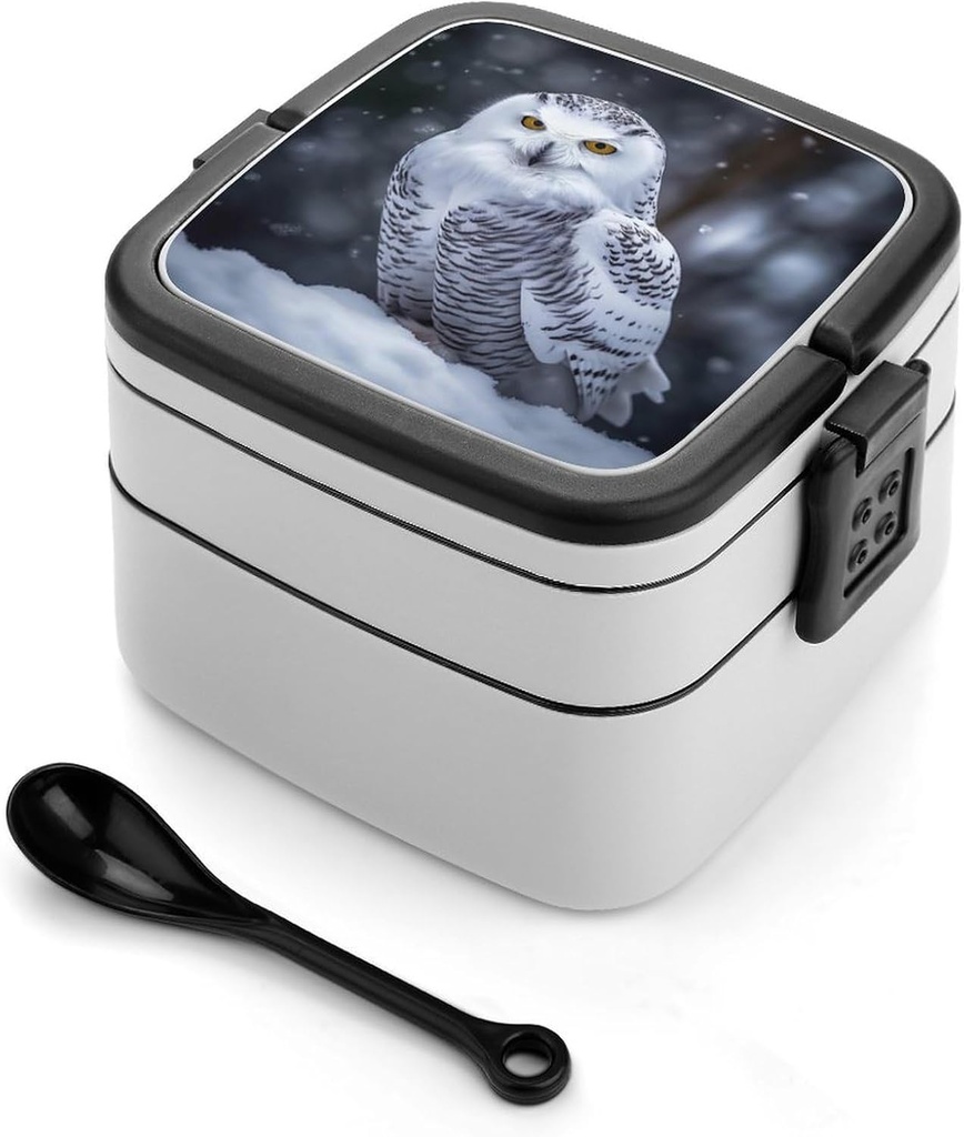 Arctic Owl Bento Box Double-Layer Bento Lunch Container with Spoon And Invisible Handle Adult Leak-Proof Lunchbox for Dining Out Work Picnics Travel