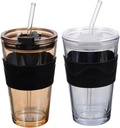 450ml Glass Water Cup with Straw and Lid Drinking Bottle for Juice Beer Iced Tea 2 Pack