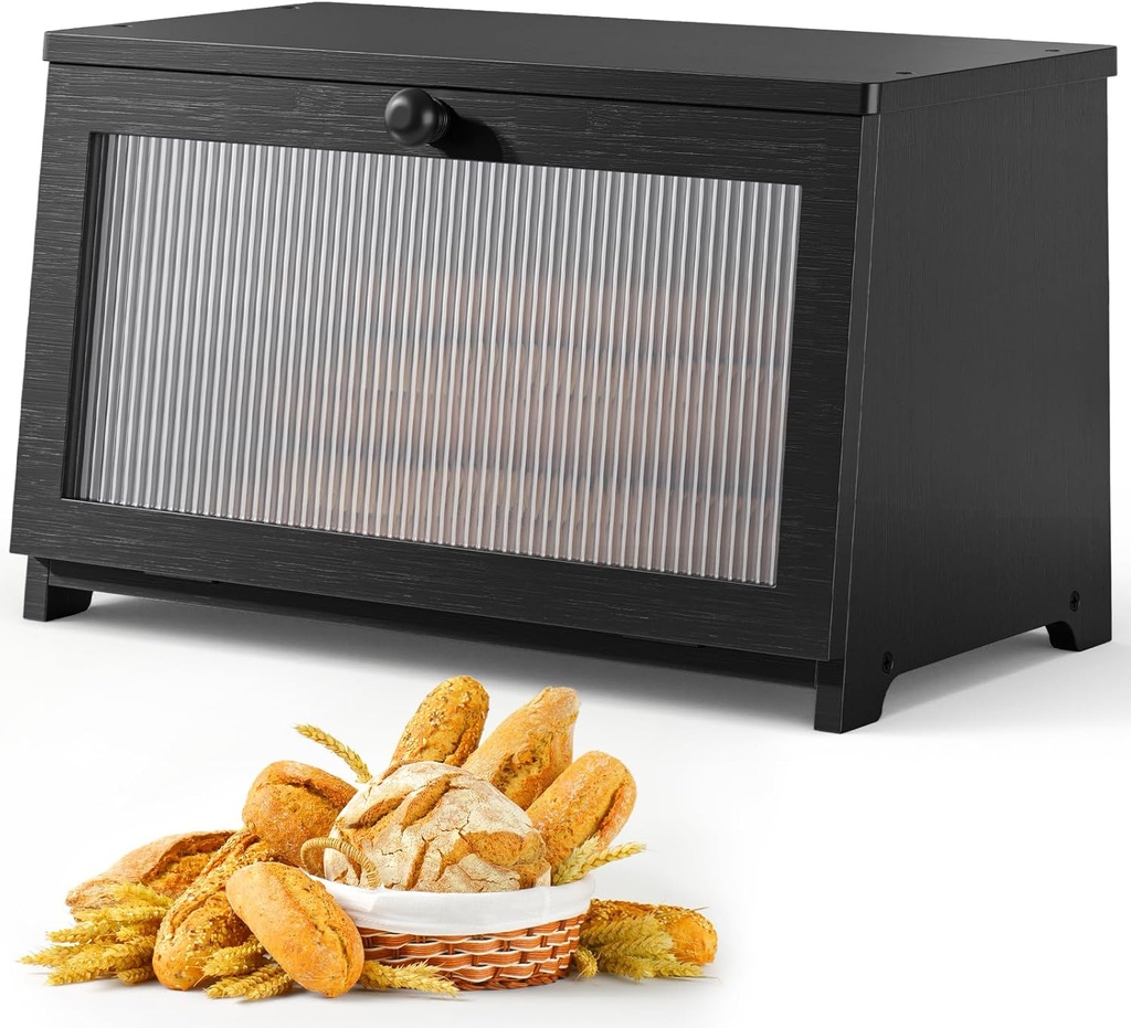 Kitsure Bread Box - Wooden Bread Box for Kitchen Countertop, Large Capacity Kitchen Countertop Organizer, Stylish Bread Storage with Window, Multi-functional Container, Black, 14.8"x8.0"x9.0" (1T)