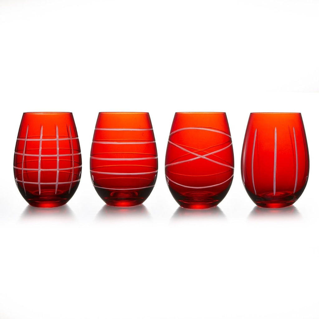 Fifth Avenue Medallion Stemless Goblets, Red, Set of 4