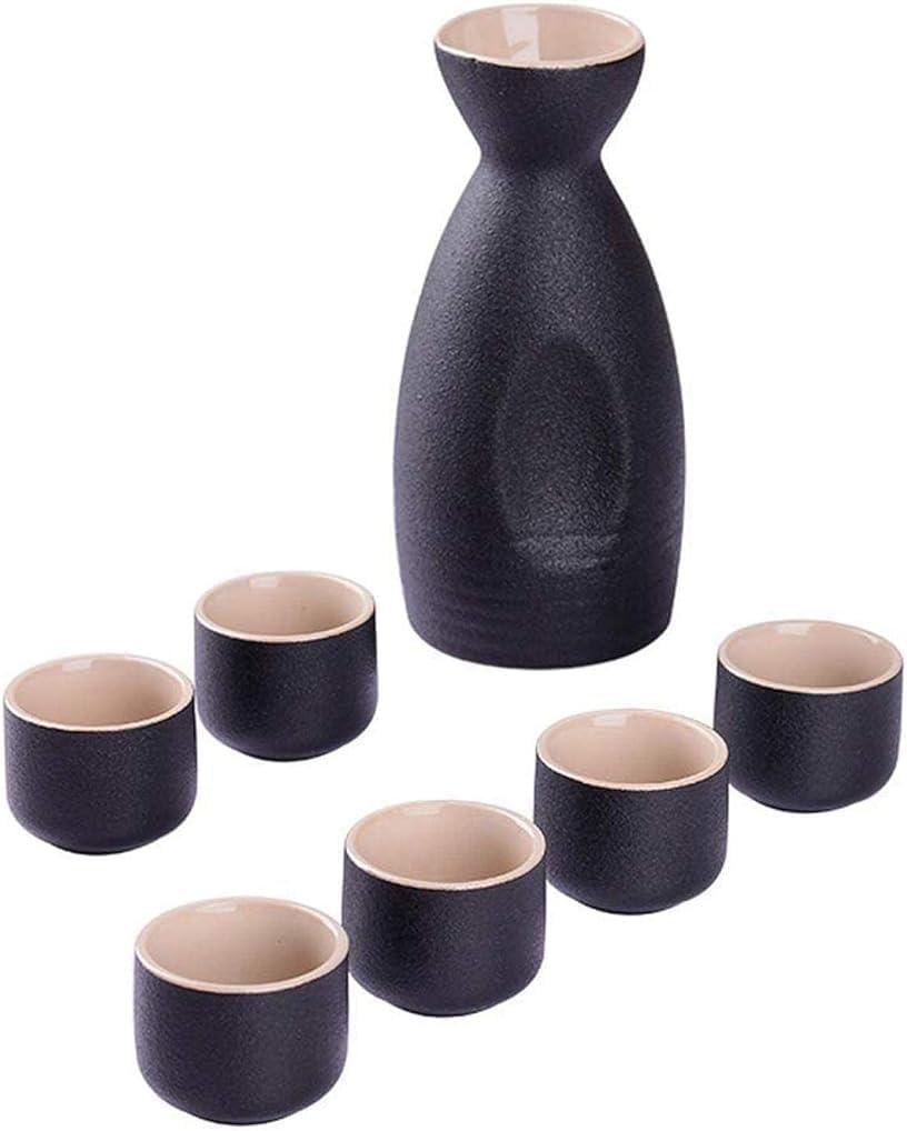 Sake Set Japanese Sake Pot Set Traditional Sake Cup Hand Painted Design Porcelain Pottery Ceramic Crafts Wine Glasses Cups 7 Piece (Black-Round
