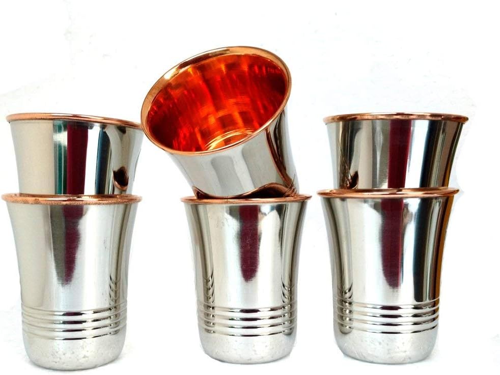 Rastogi Handicrafts Handmade Copper Tumbler Outer Stainless steel Copper water glass for water drink, set of 6 Steel Copper Luxury looking