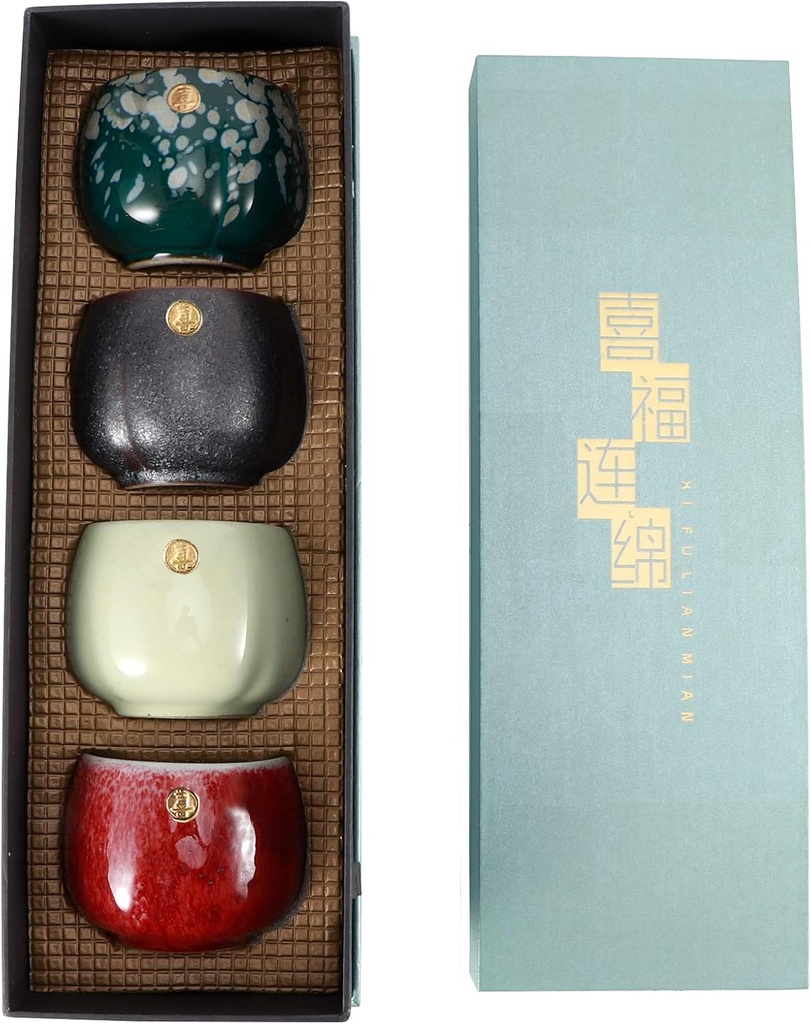 4 Pcs Ceramic Teacups, Japanese/Chinese Kung Fu Tea Heat Sake Mugs, Retro Tea Cup Set with Box, Perfect for Home, Office, or Gift