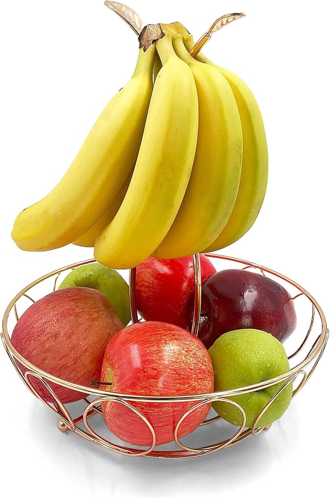 ALLCENER Gold Fruit Bowl with Banana Hanger, Gold Wire Basket for Kitchen Counter, Fruit Basket Tree Holder, Stylish Kitchen Counter Organizer for Fresh Fruits