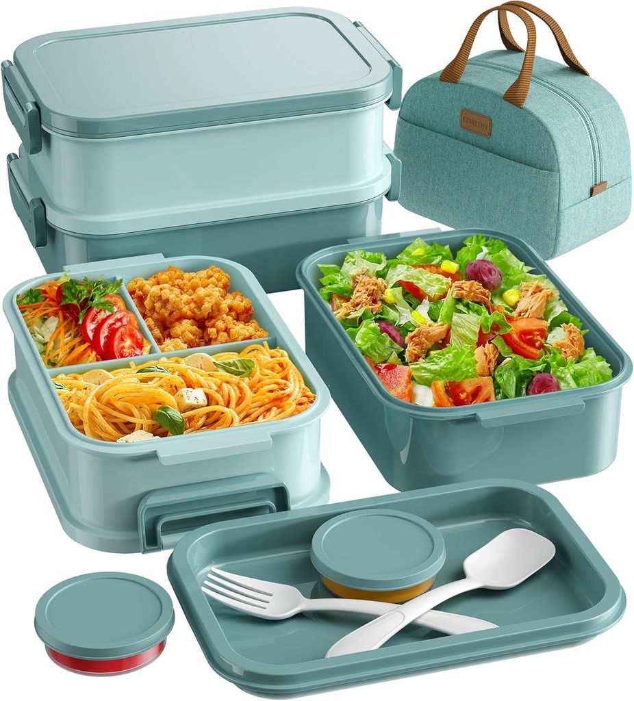 Adults Bento Lunch Box Set with Thermo Bag, 74oz Stackable Leak-proof 3-tiers Bento Box, Built-in Utensil and Sauce Container for Work, School, Dining Out (Green)
