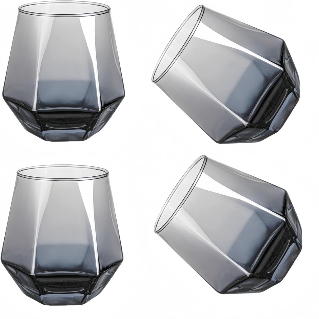 Wine Glasses Set Of 4,Stemless Diamond Wine Glass Shape 10 Oz Gray Christmas Glassware Dishwasher Safe, Spill-Proof Design For Red Wine, Cocktail, Whiskey, Bourbon for Wine Lovers (Gray)