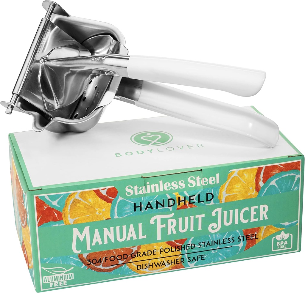 NEW Stainless Steel Handheld Manual Juicer with Comfortable Handle Grips and (2) Large Reusable Natural Pulp Strainer Bags - Stainless Steel Fruit Juice Squeezer - Hand Juicer - Juice Press