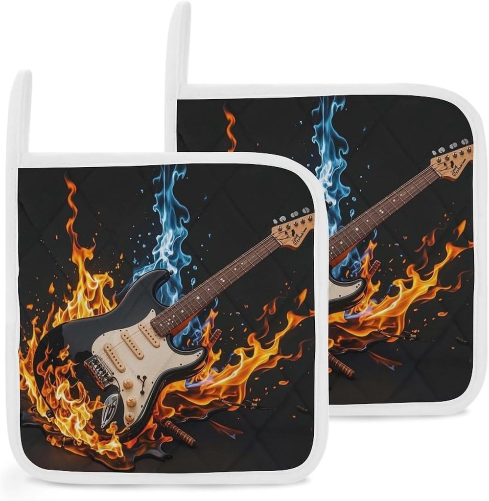 Potholders for Kitchen Heat Resistant Hot Pads Oven Pot Holders Electric Guitar Music Printed Easy-Care Perfect for Your Kitchen 2-Pk