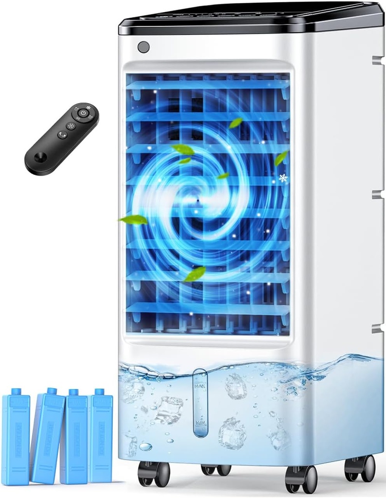 FANCOLE Windowless Portable Air Conditioners with 4 Ice Packs, 12H Smart Timer for Auto-off, 26Ft Remote, Top Fill Dual Tank, 3Speeds Evaporative Air Cooler, 70°Auto Swing Swamp Cooler Air Conditioner