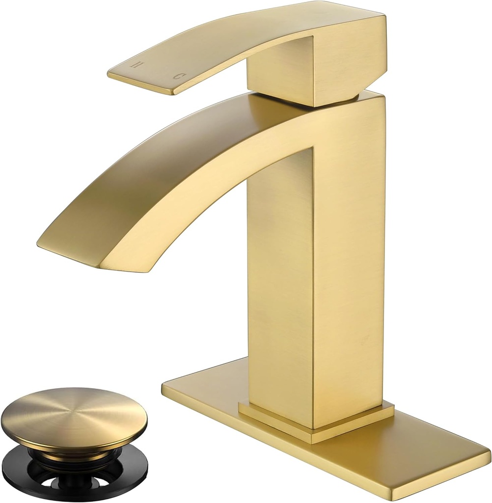 Gold Bathroom Faucet, Waterfall Bathroom Sink Faucet with cUPC Supply Hose and Pop Up Drain, Single Handle Single Hole Modern Faucet for Bathroom Vanity
