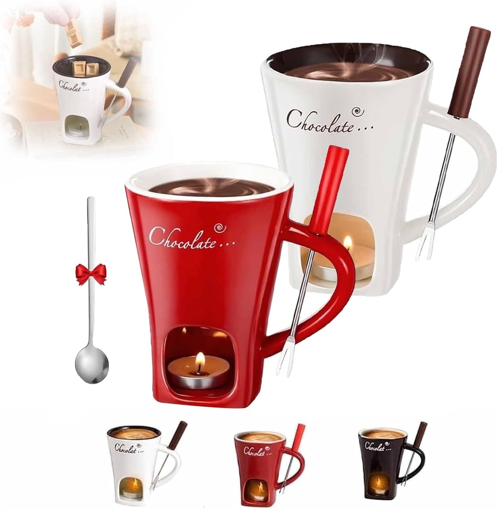 Meltie Cup, Meltiecup, Melting Furnace Ceramic Atmosphere Hot Pot Cup Set of 2, Multifunction Mini Chocolate Sweet Fondue Mug Kit with Forks and Spoon, Ideal Gifts for Birthday Date Night(Red+White)