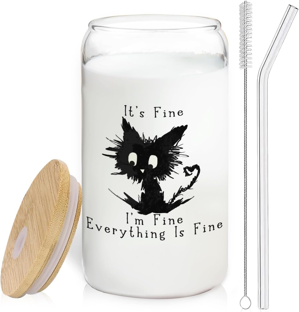It's Fine I'm Fine Glass Cup Funny Sarcastic Cat Glass Coffee Cup With Lids And Straws 14oz,Cat Lover Gifts