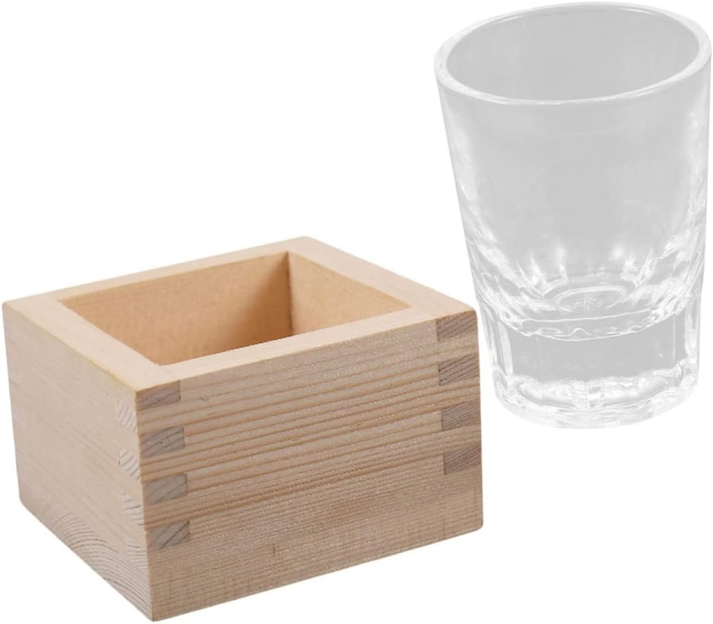 Garneck Traditional Japanese Glass Sake Cup with Wooden Box Transparent Square Teacups for Home Dishwasher Safe Microwave Compatible Tea and Liquor Lovers