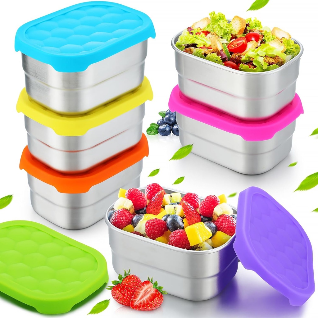 Layhit 6 Pcs Stainless Steel Snack Containers for Kids, 8 oz Lunch Containers with Silicone Lids Small Reusable Metal Food Box for Child Daycare School Home Storage Supplies(Vivid Color)