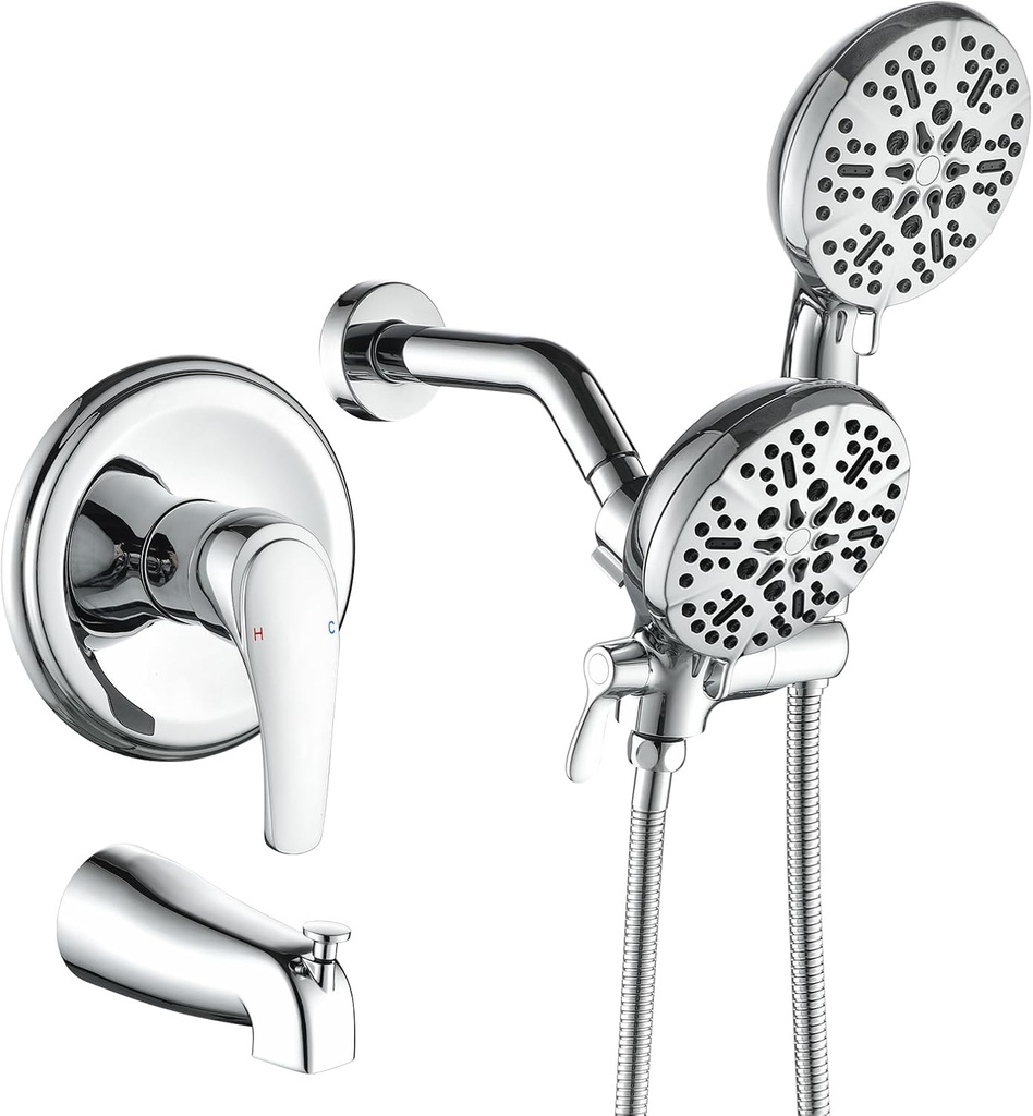 Dual Shower Faucet Set With Tub Spout - Complete Combo System With Handheld and Head - Trim Kit Chrome Polished Fixtures