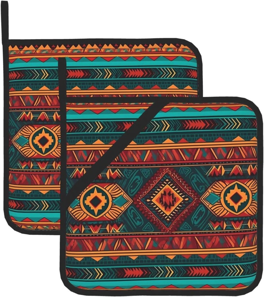 Ethnic Geometric Pattern Pot Holders Set of 2 Kitchen Heat Resistant Potholder Non-Slip Cotton Lining Oven Hot Pads for Microwave Cooking Baking BBQ
