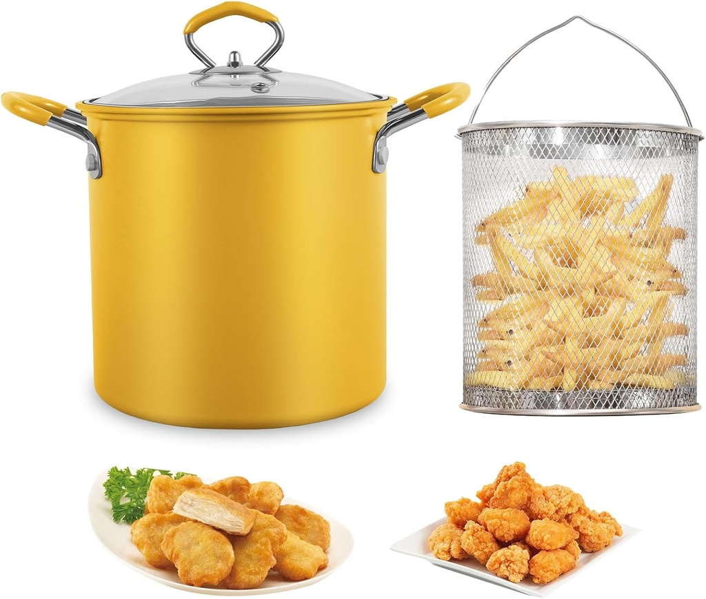 Small Deep Fryer Pot, 3.2QT Steel Grease Container for Kitchen with Basket and Lid, Japanese Tempura Deep Fryer Pot for Kitchen Fat Storage, Frying Fries Chicken (Yellow)