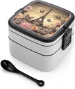 Stackable Double-Layer Bento Box Eiffel Tower Flowers and Butterflies Adults Lunchbox with Spoon Cute Japanese Bento Box Dishwasher Safe for Work Travel Dining Outc
