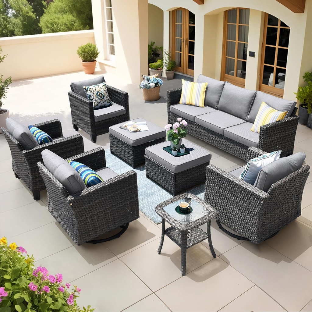 ovios 8 Pieces Patio Furniture Set, Outdoor Wicker Sofa Couch with Swivel Chairs, Rocking Glider Rocker with Comfy Cushions All Weather Rattan Conversation Set, Dark Grey