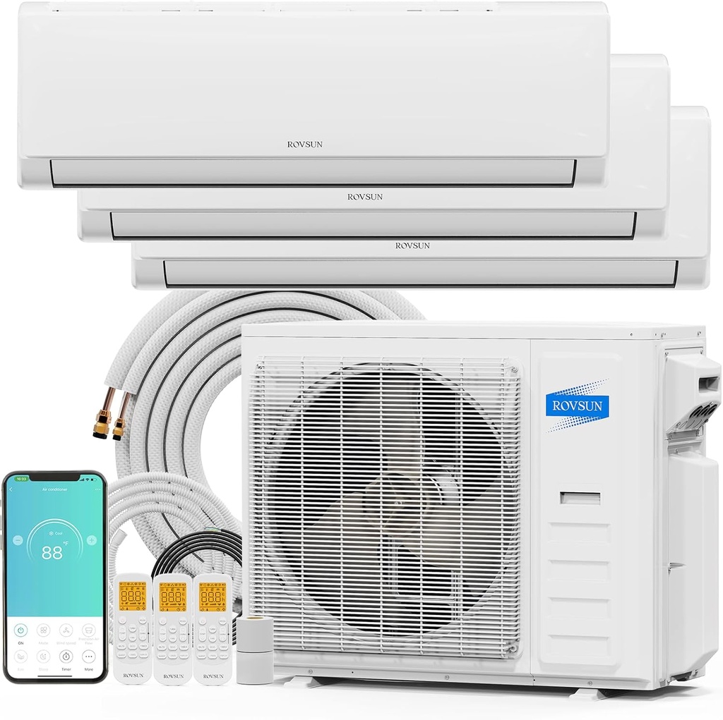 ROVSUN 35000 BTU Tri Zone WIFI Mini Split AC/Heating System, 19 SEER2 3 Zone 9000 + 12000 + 18000 BTU Ductless Split Air Conditioner with Pre-Charged Condenser, Heat Pump & 25Ft Line Set, 208-230V