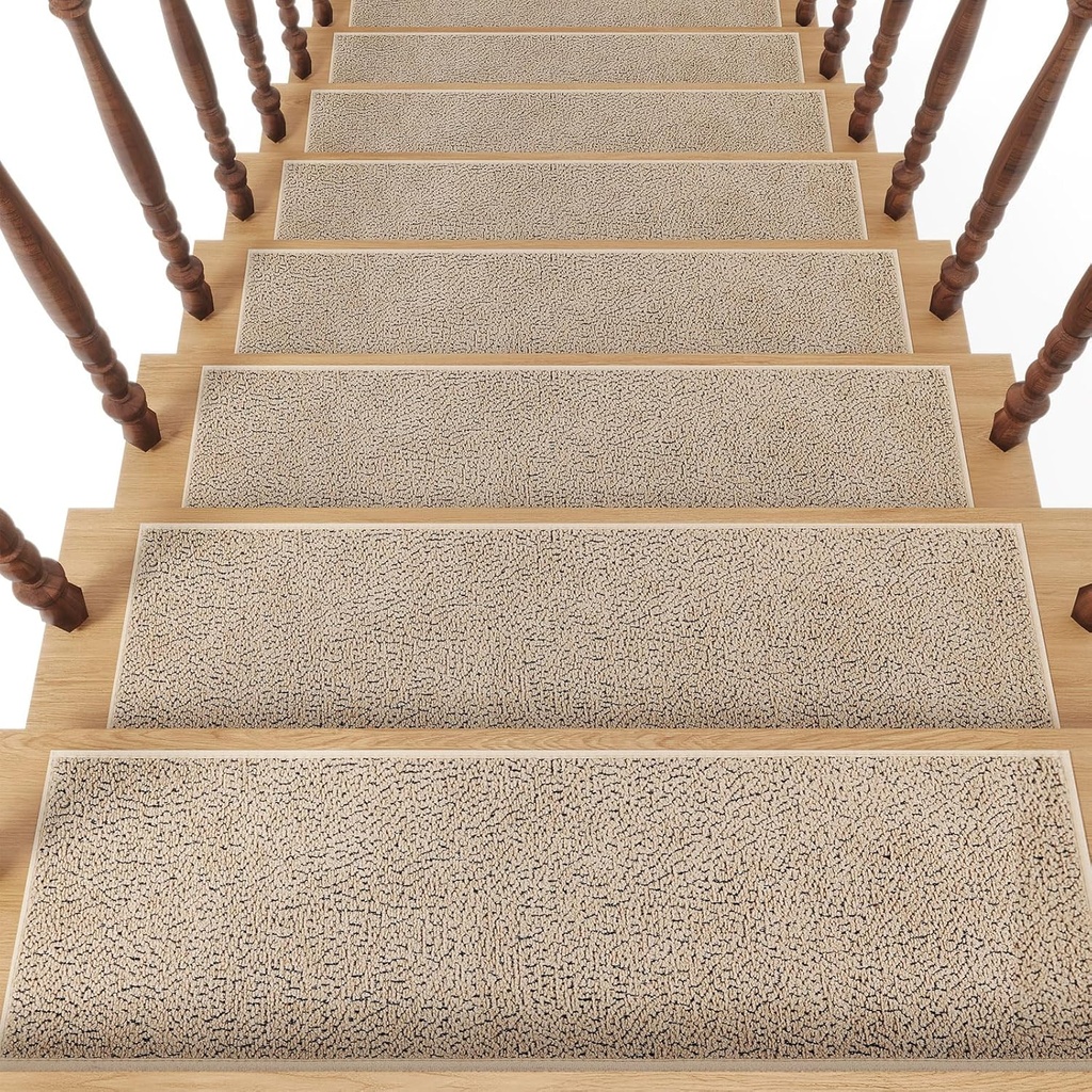 Stair Treads Non Slip 15 PCS 8" X 30" Carpet Stair Treads for Wooden Steps Indoor Residue Free Rubber Stair Runners for Kids Elders and Dogs Khaki