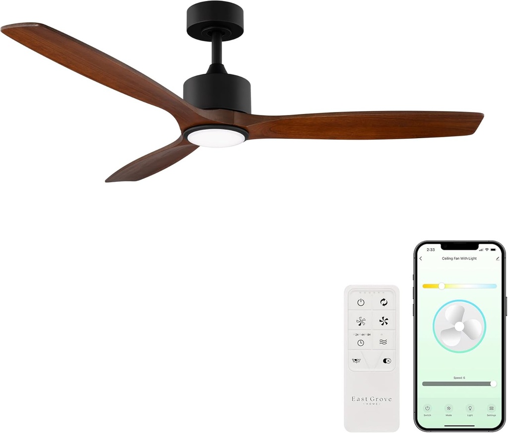 Madera Collection Smart 3-Blade 52in Ceiling Fan 2700K-6000K CCT Selectable LED Light Kit with Remote Control and Black Hardware with Distressed Koa Solid Wood Blades Works With iOS or Android App