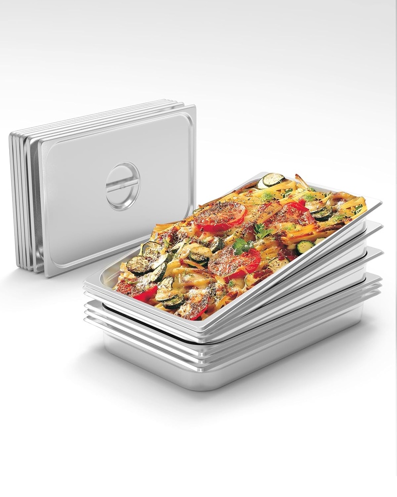 6 Pack Hotel Pans,2.5" Deep Full Size Steam Table Pans,Full Size Food Pan,Half Size Hotel Pans[NSF Certified],Catering Food Pan Commercial Stainless Steel,No Handle + Lid