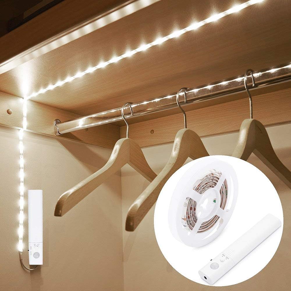 Motion Sensor Wardrobe Light, 1.5M LED Strip Closet Lights, PIR Auto on/Off, Battery Powered,6000K White for Bedside, Bathroom, Closet, Cabinet, Kitchen, Stairway