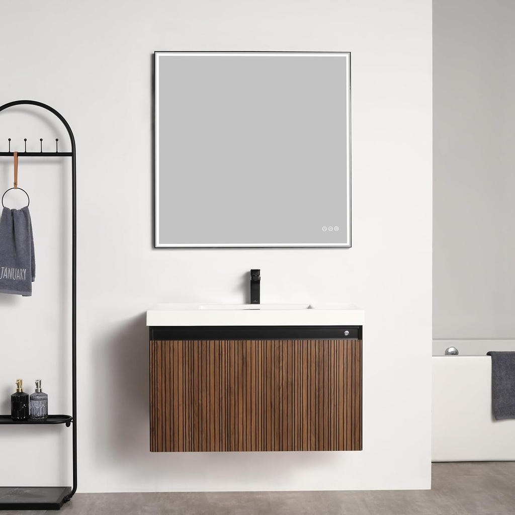 Blossom Lille Brown Walnut Bathroom Vanity with Acrylic Sink – LED Lighted Modern Wall-Mounted Sink Cabinet with Soft-Close Drawers, Sink Top, and Built-in Storage (36" with Acrylic Sink)