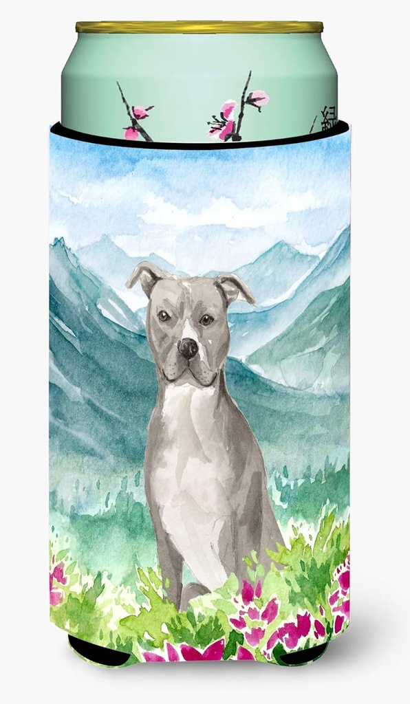 Caroline's Treasures CK1997TBC Mountian Flowers Staffordshire Bull Terrier Tall Boy Hugger Can Cooler Sleeve Hugger Machine Washable Drink Sleeve Hugger Collapsible Insulator Beverage Insulated Holder