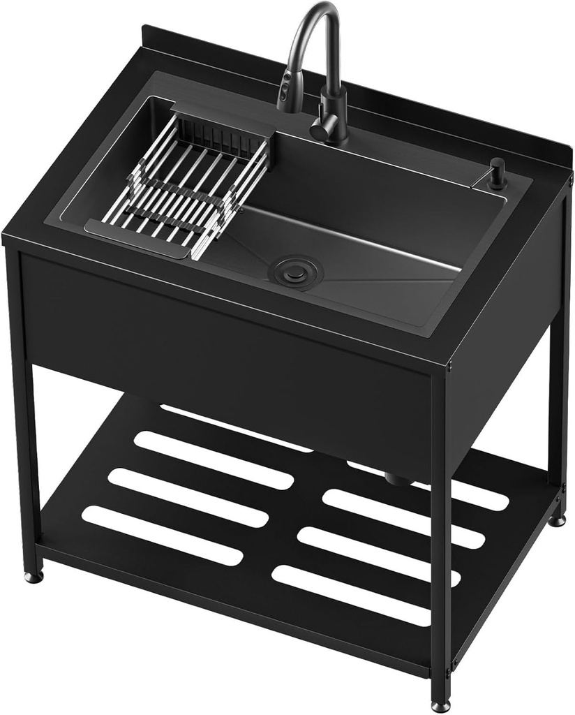 Stainless Steel Utility Sink, 36.6" × 24.2" × 36.6"Freestanding Sink with Cold and Hot Water Faucet,Hoses and Drain Kit for Kitchens, Bathrooms, Garage, Laundry Room