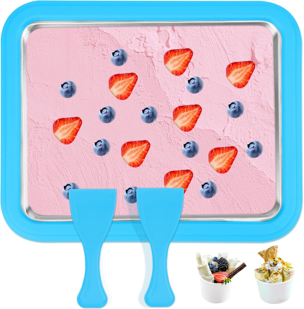 1+2PCS Instant Ice Cream Maker, Food Grade Rolled Ice Cream Maker Machine with 2 Shovel, Instant Cold Plate for DIY Frozen Yogurt Rolls