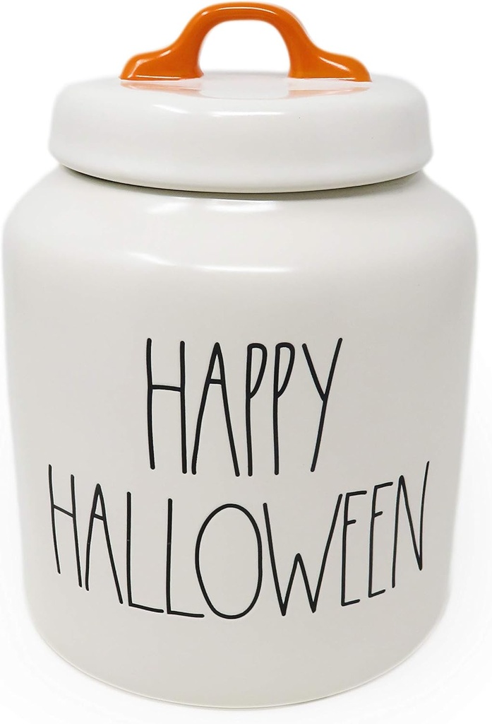 Rae Dunn By Magenta HAPPY HALLOWEEN Ceramic LL Large Size 8 Inch Canister With Orange Handle 2020 Limited Edition