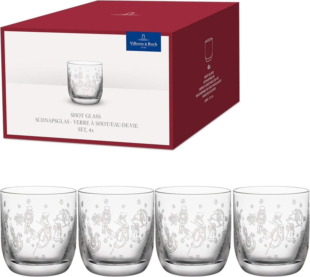 Villeroy & Boch – Toy's Delight 4-Piece Schnapps Glass Set, Schnapps Glass Set, Shot Glasses, Liqueur Glasses, Drinking Glasses Set of 4, Glasses with Christmas Pattern, Dishwasher Safe