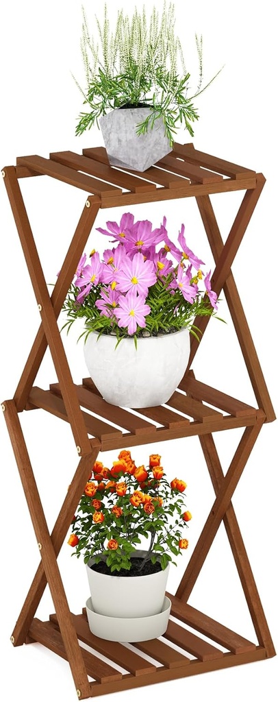 Furinno TIOMAN Patio Table, 3-Tier Outdoor Side Table, Toolless Multipurpose Folding Display Shelf, Plant Stand, for Patio, Garden, Porch, Natural