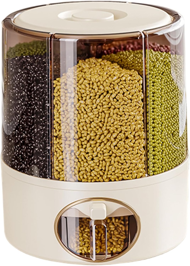 Grain Dispenser, 360° Rotating Clear Rice Bucket with 6 Compartment, One-Click Output Cereal Dispenser with Lid for Kitchen, 9.25x11.02 inch, Container Sets.