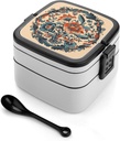 Oriental Floral Design Bento Box with Compartments Double Layer Bento Lunch Box with Spoon And Handle All-in-One Adult Lunchbox Leakproof Lunch Container for Work Picnic Travel