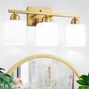 3 Light Gold Bathroom Light Fixtures, Modern Bathroom Vanity Lights with Milky White Frosted Glass Shades, Gold Vanity Mirror with Lights for Mirror Living Room E26 Base