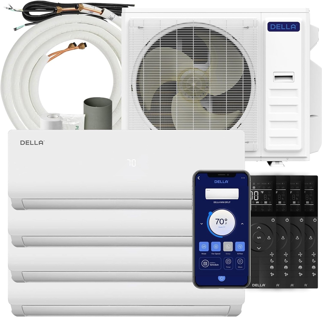Della 36K BTU ODU Quad 4 Zone (12K 12K 12K 12K) Mini Split Air Conditioner Works with Alexa, 20 SEER2 208-230V Cools Up to 2200 Sq.Ft, Wifi Energy Efficient Multi Zone Pre-Charged Heat Pump Full Set