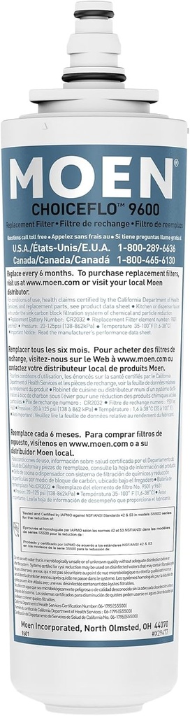 Moen 9601 ChoiceFlo Replacement Water Filter Compatible with Moen Sip Filtered Kitchen Faucets