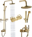 Heyalan Antique Brass Exposed Pipe Shower System 8 Inch Rainfall Shower Head Fixture Combo Set Single Handle with Handheld Sprayer Bathroom Shower Faucet Adjustable Showerhead Bar with Shower Shelf
