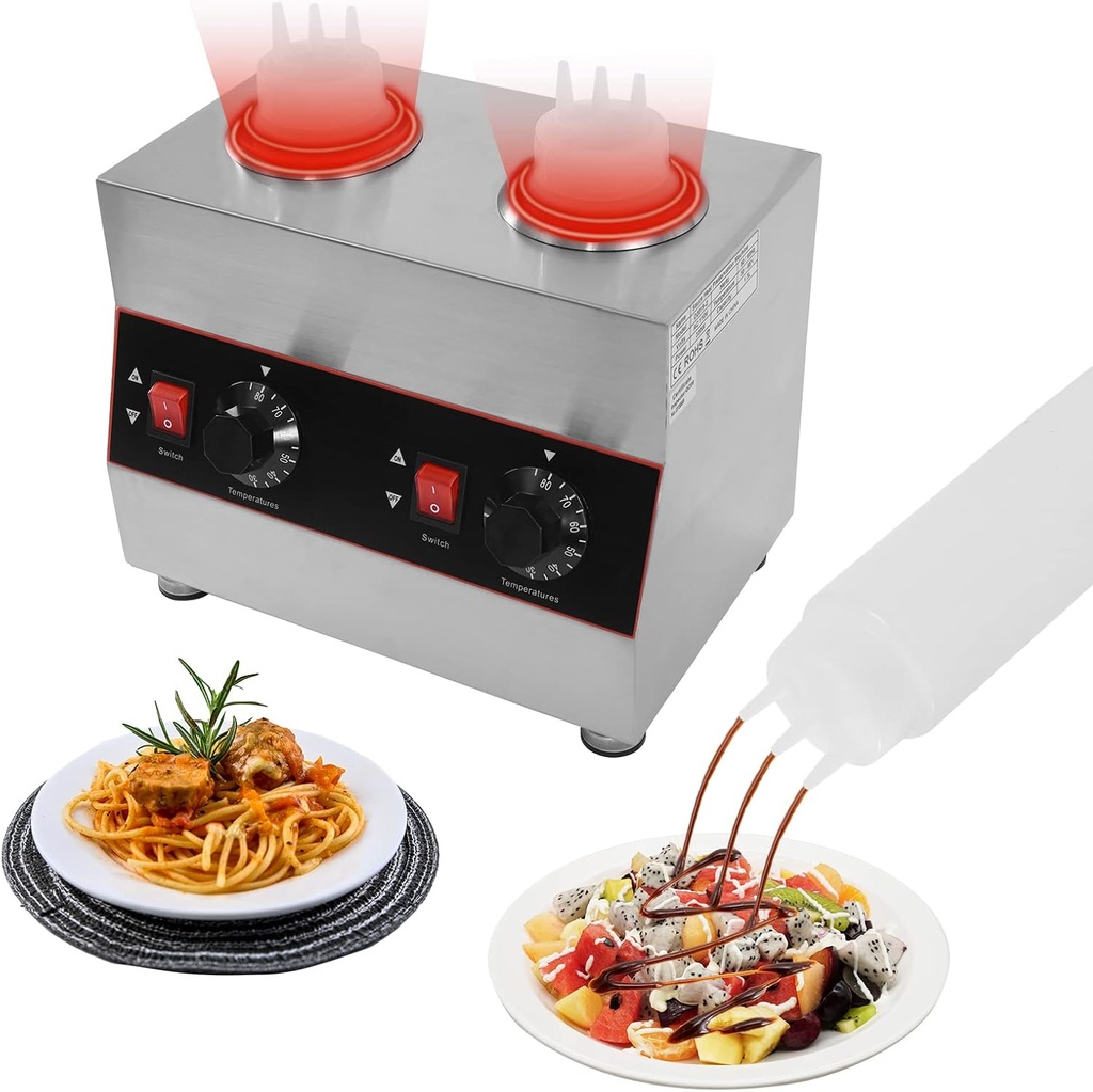 Electric Sauce Bottle Warmer with 2 Squeeze Bottles Sauce Heater Chocolate Cheese Caramel Sauce Dispenser