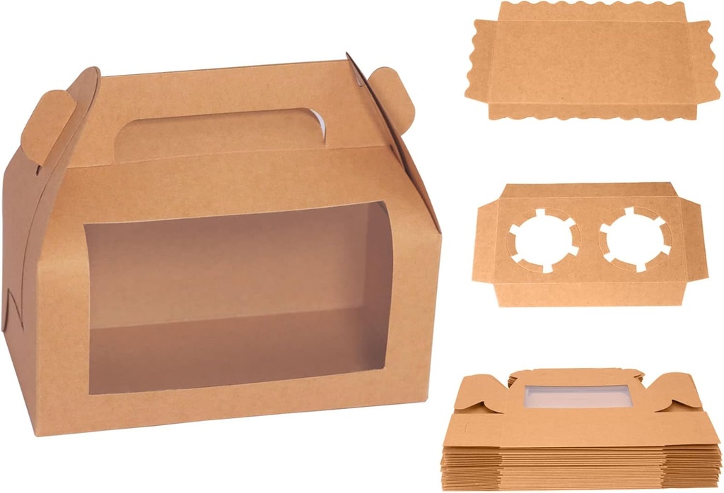 24pcs Kraft Cupcake Boxes 6.8''x3.6''x3.1'' Clear Window Cake Paper Holders Cake Boards Disposable Tiered Cake Containers Handle Boxes Treat Boxes Gift for Party Wedding, Christmas Party