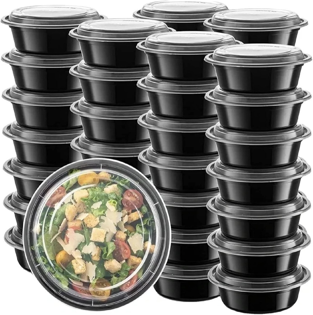 24oz Disposable Black Meal Prep/Bento Box with Clear Dome Lids - Round Plastic Meal Containers - Leak Proof and Reusable Box : Perfect For Salad, Meal Prep and Fruits : Set of 30