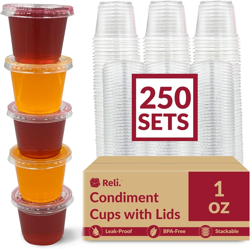 Reli. 1 oz Small Containers with Lids (250 Sets) | Jello Shot Cups with Lids | Clear Plastic Condiment Containers | Portion Cups, Sauce, Souffle | Stackable | Bulk