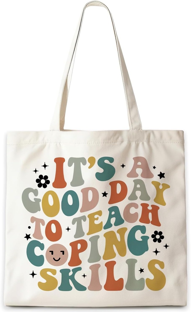 Groovy Boho Mental Health Teacher Tote Bag, Teacher Appreciation Gifts Canvas Tote Bags, Therapist Gifts, Coping Skills Counselor Reusable Grocery Shopping Bag