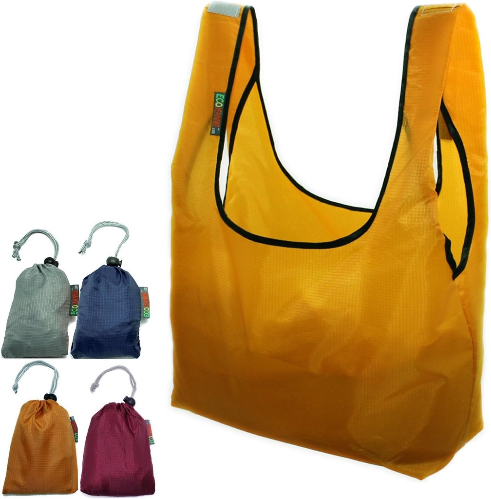 4 PK Ripstop Nylon Foldable Reusable Bag Grocery Shopping Bag, built-in Pouch, RBS044 (Gray, Navy, Mustard, Wine)