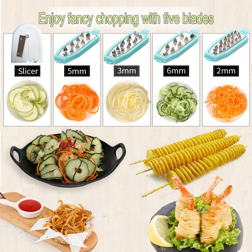 Ourokhome Zucchini Noodle Maker Spaghetti Spiralizer - 5 Blades Vegetable Slicer for Veggie Noodles and Curly Chips, Manual Food Processor Vegetable Chopper Garlic Mincer Onion Cutter