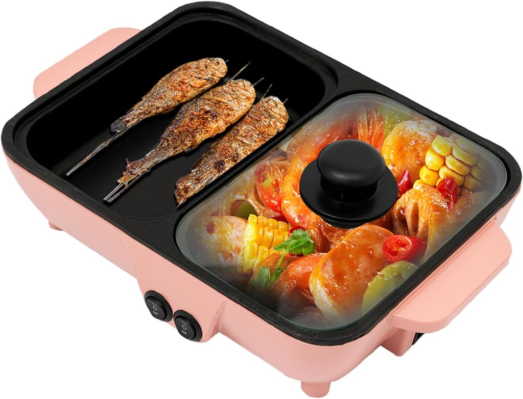 Hot Pot Electric with Grill, 2 in 1 Electric Smokeless Grill and Hotpot Pot Combo, Food Party Hot Pot Grill for Korean, Steaks, Shabu and Noodles, Independent Dual Temperature Control